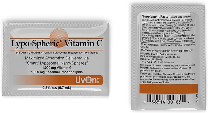LivOn Laboratories Lypo–Spheric Vitamin C – 2 Cartons (60 Packets) 1,000 mg 1,000 mg 100% Non–GMO