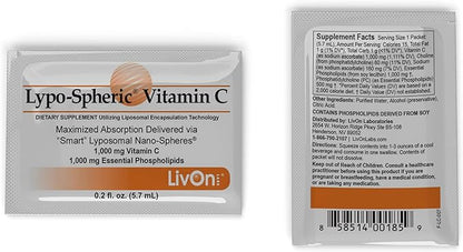 LivOn Laboratories Lypo–Spheric Vitamin C – 2 Cartons (60 Packets) 1,000 mg 1,000 mg 100% Non–GMO