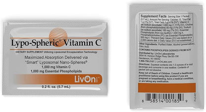 LivOn Laboratories Lypo–Spheric Vitamin C – 3 Cartons (90 Packets) 1,000 mg 1,000 mg 100% Non–GMO