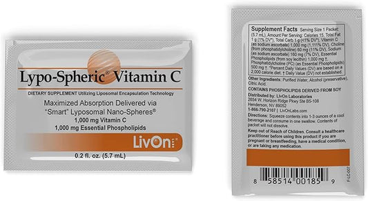 LivOn Laboratories Lypo–Spheric Vitamin C – 2 Cartons (60 Packets) 1,000 mg 1,000 mg 100% Non–GMO