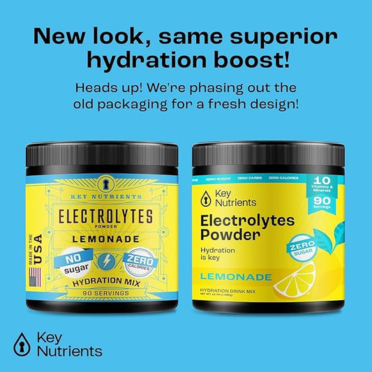 KEY NUTRIENTS Multivitamin Electrolytes Powder No Sugar - Refreshing Lemonade Electrolyte Powder - Sodium & Energy Supplement - Hydration Powder - No Calories - 90 Servings - Made in USA