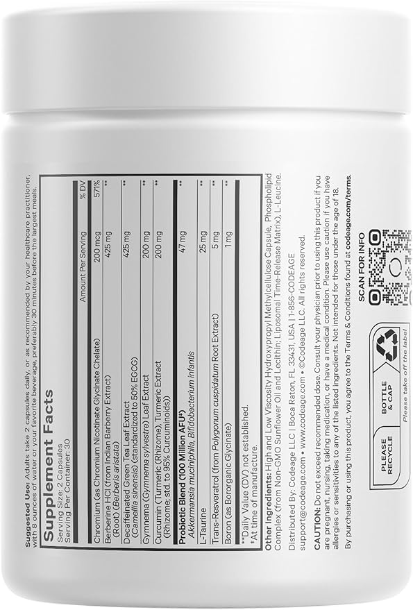 Codeage GLP-Advantage+ Supplement - Metabolic & GLP-1 Activity Support - Chromium, Berberine, Green Tea, Gymnema, Curcumin, Taurine, Resveratrol - Weight Management & Gut Health, Non-GMO - 60 Capsules