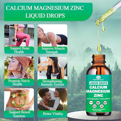 Calcium Magnesium Zinc Liquid Drops with Vitamin D3 K2, High Potency Calcium Magnesium Supplement w/Magnesium Complex, Zinc, Theanine丨Gluten Free丨 for Immune, Bone,Muscle, Mood & Sleep Support
