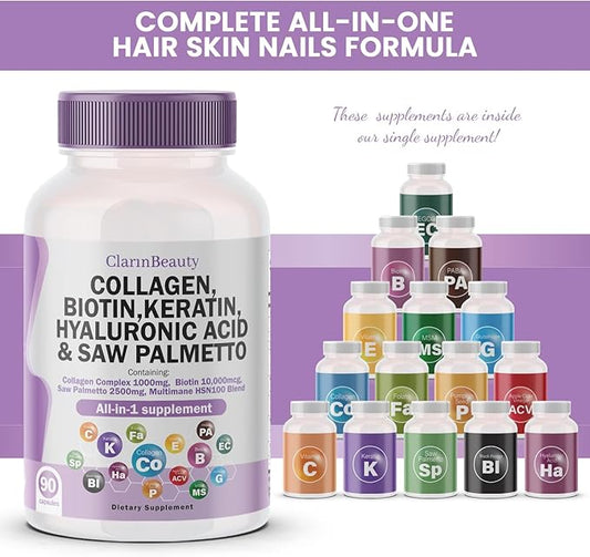ClarinBeauty 100% Natural Collagen Pills 1000mg 10000mcg Keratin 2500mg Hyaluronic