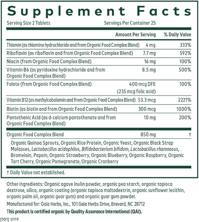 Gaia Herbs Pro Organic B-Complex B12, Vitamin B6, Niacin, 50 Vegan (25 Servings)