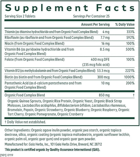 Gaia Herbs Pro Organic B-Complex B12, Vitamin B6, Niacin, 50 Vegan (25 Servings)