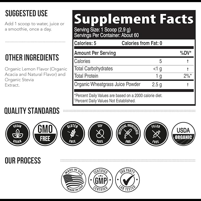 Organic Wheatgrass Juice Powder - Organically Grown in Volcanic Soil of Utah - Raw & BioActive Form, Cold-Pressed Then CO2 Dried, 20:1 Super Concentrate - Lemon (6.2 oz - 60 Servings)