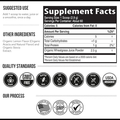 Organic Wheatgrass Juice Powder - Organically Grown in Volcanic Soil of Utah - Raw & BioActive Form, Cold-Pressed Then CO2 Dried, 20:1 Super Concentrate - Lemon (6.2 oz - 60 Servings)