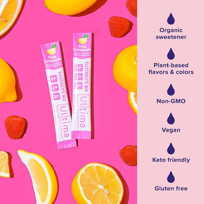 Ultima Replenisher Daily Electrolyte Powder Drink Mix – Pink Lemonade, 20 Stickpacks – Hydration Packets with 6 Electrolytes and Trace Minerals – Keto Friendly, Vegan, Non-GMO and Sugar-Free