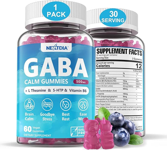 GABA Gummies 500 mg - Sugar-Free Calm Gummies with L Theanine, 5-HTP, Vitamins D3, B12, Ashwagandha, Melatonin-Free for Brain Calm, Mood, Zzz Better, GABA Supplement for Adult, Blueberry Flavor, 1Pack
