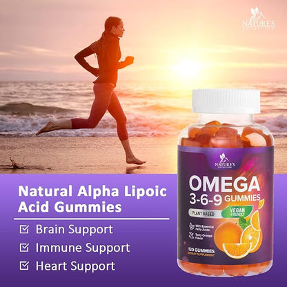 Omega 3 6 9 Vegan Gummies - Triple Strength Omega 3 Supplement Essential Oil Gummy - Omega 369 Heart Support and Brain Support for Women, Men & Pregnant Women, Non-GMO, Orange Flavor - 120 Gummies