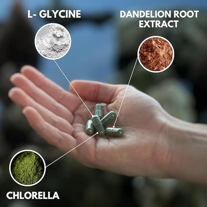 Chlorella, Lglycine, Dandelion Root. Enchances Immunity, Gut Health. Aids in reducing inflamation. Alkaline Body Detox from Heavy Metals, aids Liver/Kidney Health. No additives. 60 Cap