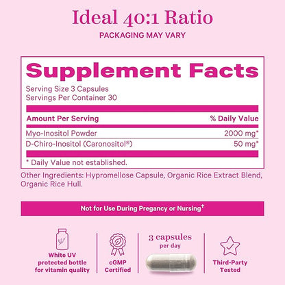 Pink Stork Myo-Inositol & D-Chiro Inositol Supplement - Hormonal Balance for Women - Ovarian Support - 40:1 Ratio - Fertility Supplements for Women - 90 Capsules, 1 Month Supply