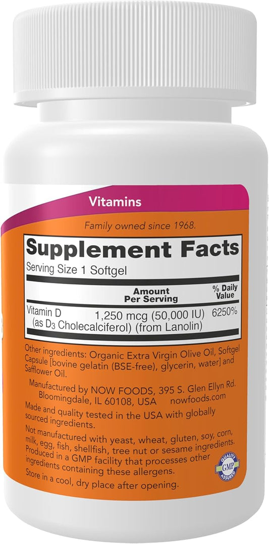NOW Foods Supplements, Vitamin D-3 50,000 IU Softgels, 50 softgels