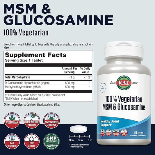 KAL 100% Vegetarian MSM & Glucosamine 60-Day Guarantee 60 Servings, 60 Tablets