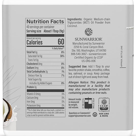 Sunwarrior Organic MCT Oil Powder Supplement Medium-Chain Triglycerides Pure Coconut | Keto USDA Sugar Soy Gluten Dairy Free Non-GMO | Unflavored 40 Servings Active