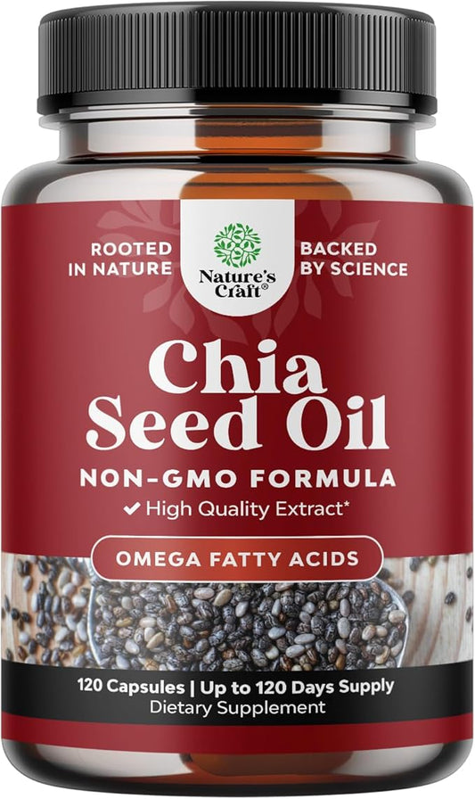 Chia Seed Oil Extract Capsules - Plant Based Omega 3 6 9 Supplement and Daily Fiber Capsules for Adults Digestive Support Immunity and Heart Health - Omega 3 Fatty Acids Supplement for Men and Women