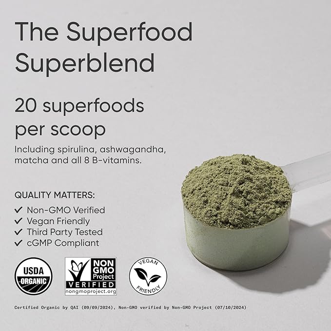 Sports Research® Organic Greens Superfood Powder w/Spirulina & Chlorella, Adaptogens, Enzymes, Probiotics & B Vitamins for Gut & Mood Support* - Vegan, Sugar-Free & Low Cal - 20 Servings
