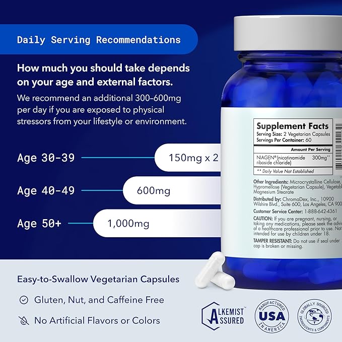 TRU NIAGEN Patented NAD Supplement for Anti Aging and Cell Regeneration, Niagen, 60 300 mg Servings | Supports Cellular Energy, Brain, Muscle | Nicotinamide Riboside (NR) Take 2 Daily | 1 Bottle