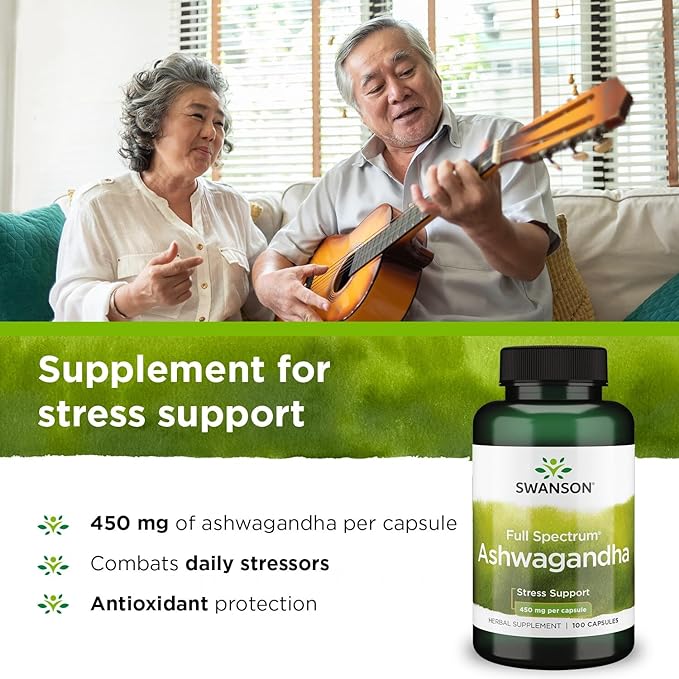 Swanson Ashwagandha Powder Supplement-Ashwagandha Root Supplement (100 Capsules, 450mg Each) 4 Pack