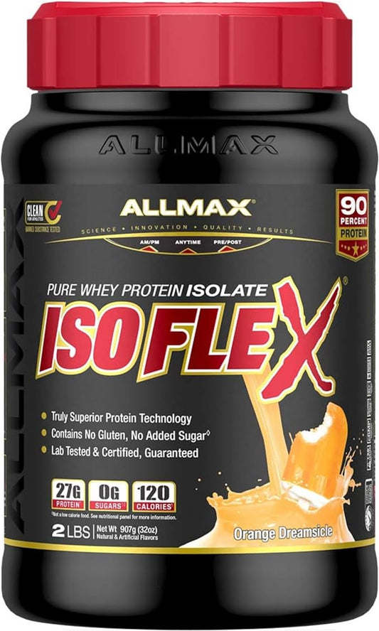 ALLMAX ISOFLEX Whey Protein Isolate, Orange Dreamsicle - 2 lb - 27 Grams of Protein Per Scoop - Zero Fat & Sugar - 99% Lactose Free - Gluten Free & Soy Free - Approx. 30 Servings