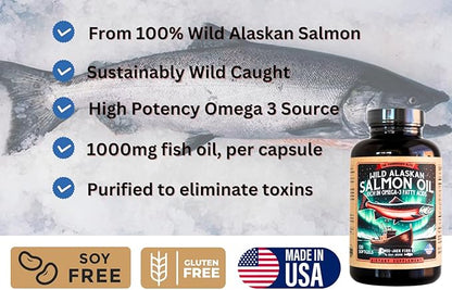 Wild Alaskan Salmon Fish Oil Omega 3 Supplement 120 Softgels 1000mg Salmon