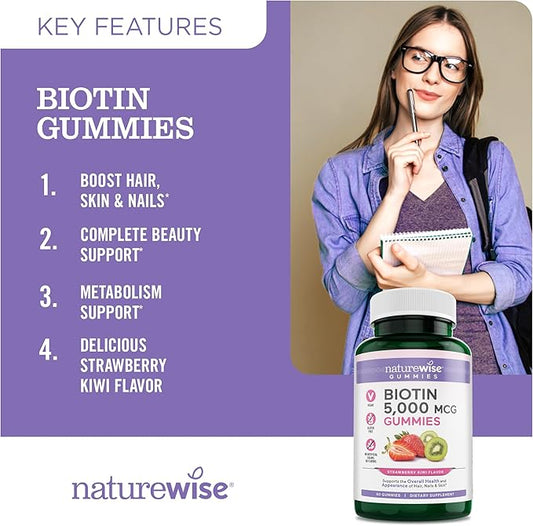 NatureWise Biotin Gummies B7 5000mcg 5000mcg Supports 90 Count[45 Count[45 Day