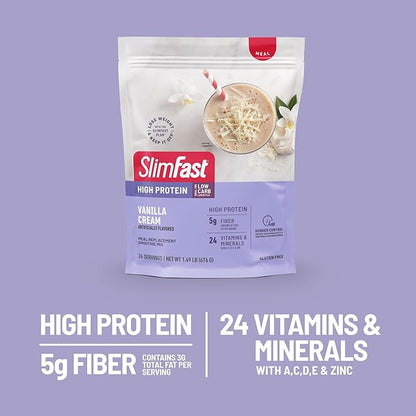 SlimFast High Protein Meal Replacement Powder, 26 Servings, Advanced Nutrition Smoothie Mix with Vitamin and Mineral Blend, Gluten Free, Vanilla Cream, 1.53 Pounds