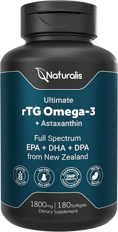Naturalis Ultimate rTG Omega 3 Fish Oil 1800mg from Wild New Zealand Tuna - Full Spectrum Omega3s EPA, DHA & DPA - Sustainably Sourced, Non-GMO, Gluten Free - 180 Softgels