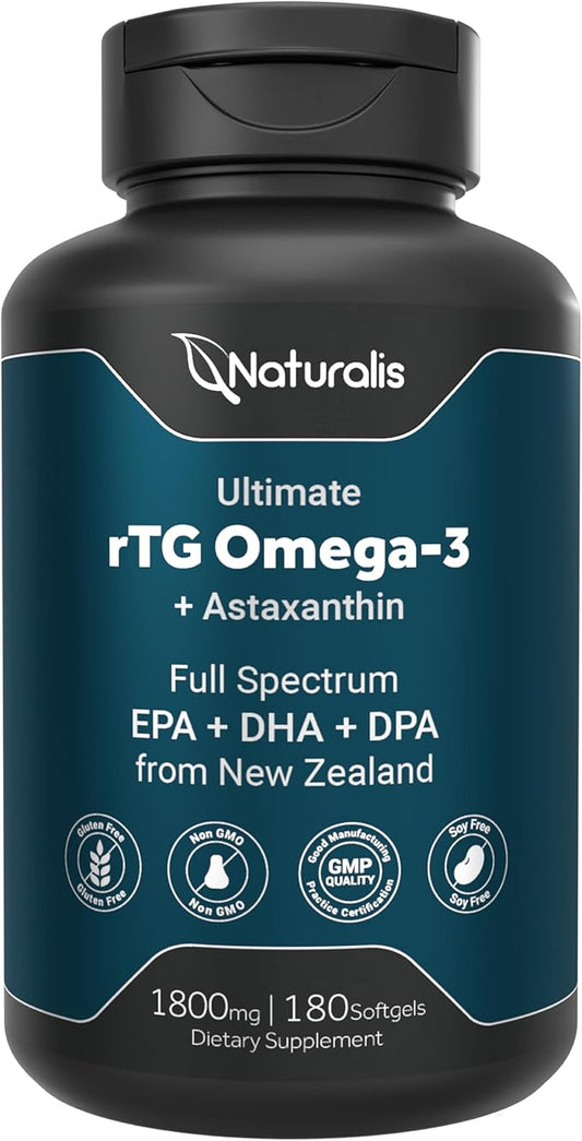Naturalis Ultimate rTG Omega 3 Fish Oil 1800mg from Wild New Zealand Tuna - Full Spectrum Omega3s EPA, DHA & DPA - Sustainably Sourced, Non-GMO, Gluten Free - 180 Softgels