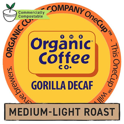 The Organic Coffee Co. Compostable Coffee Pods - Gorilla Decaf (12 Ct) K Cup Compatible including Keurig 2.0, Medium Roast, Swiss Water Processed, USDA Organic