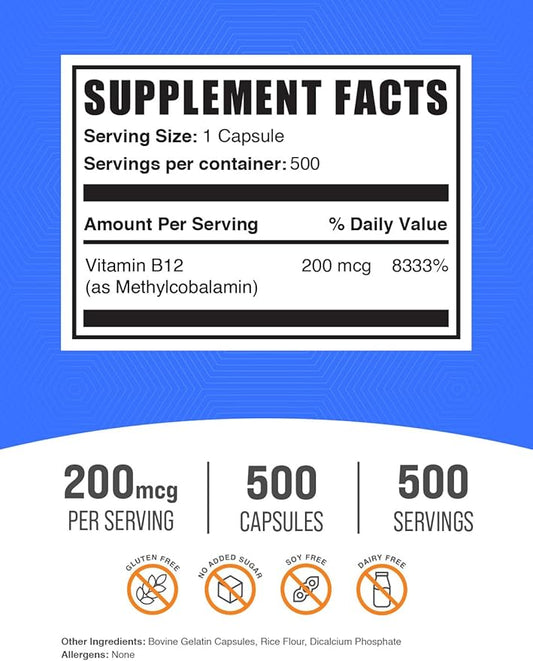 BulkSupplements.com Vitamin B12 Methylcobalamin Capsules - B12 Vitamin Supplement, B12 200mcg, for Energy Support - Gluten Free, 1 Capsule per Serving, 500 Capsules (Pack of 1)