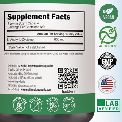 N-Acetyl Cysteine (NAC) Supplement 600mg Capsules 120 Count,