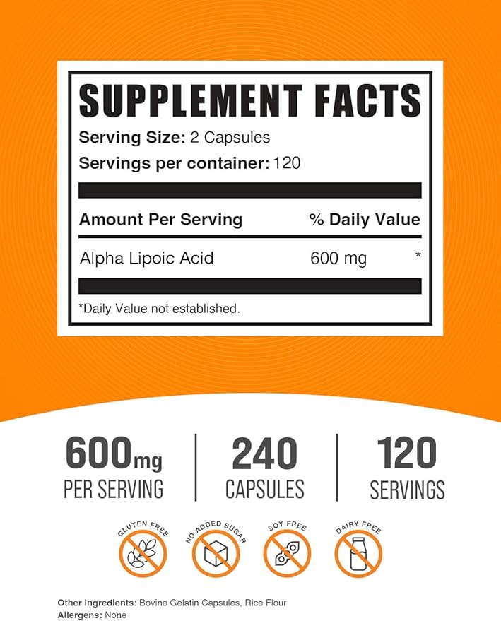 BulkSupplements.com Alpha Lipoic Acid Capsules - ALA Supplement, Alpha Lipoic Acid 600mg - ALA Capsules, Gluten Free - 2 Capsules per Serving, 240 Capsules (Pack of 1)