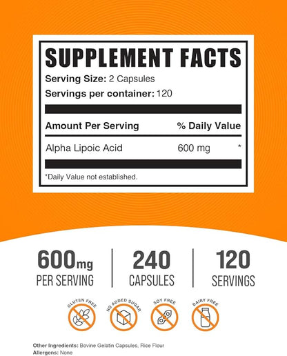 BulkSupplements.com Alpha Lipoic Acid Capsules - ALA Supplement, Alpha Lipoic Acid 600mg - ALA Capsules, Gluten Free - 2 Capsules per Serving, 240 Capsules (Pack of 1)