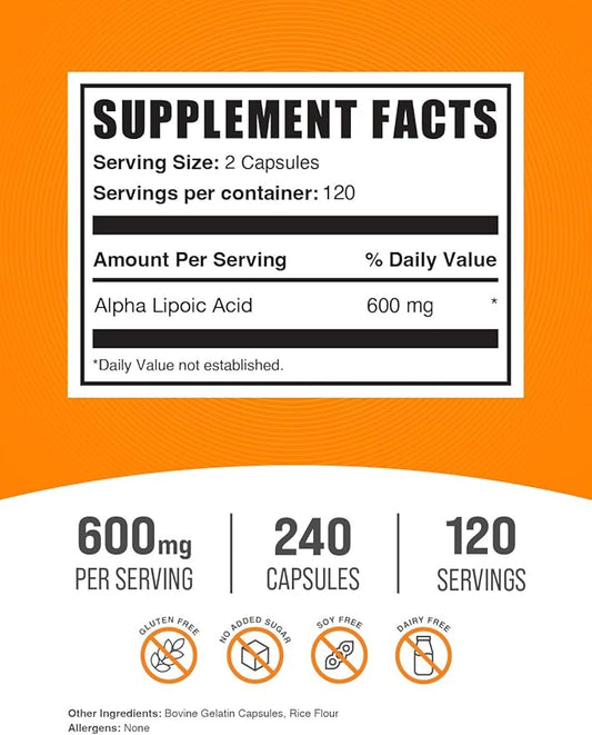 BulkSupplements.com Alpha Lipoic Acid Capsules - ALA Supplement, Alpha Lipoic Acid 600mg - ALA Capsules, Gluten Free - 2 Capsules per Serving, 240 Capsules (Pack of 1)