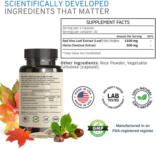 Red Vine Leaf extract 1300mg/serving *USA 60 Capsules (30 servings)