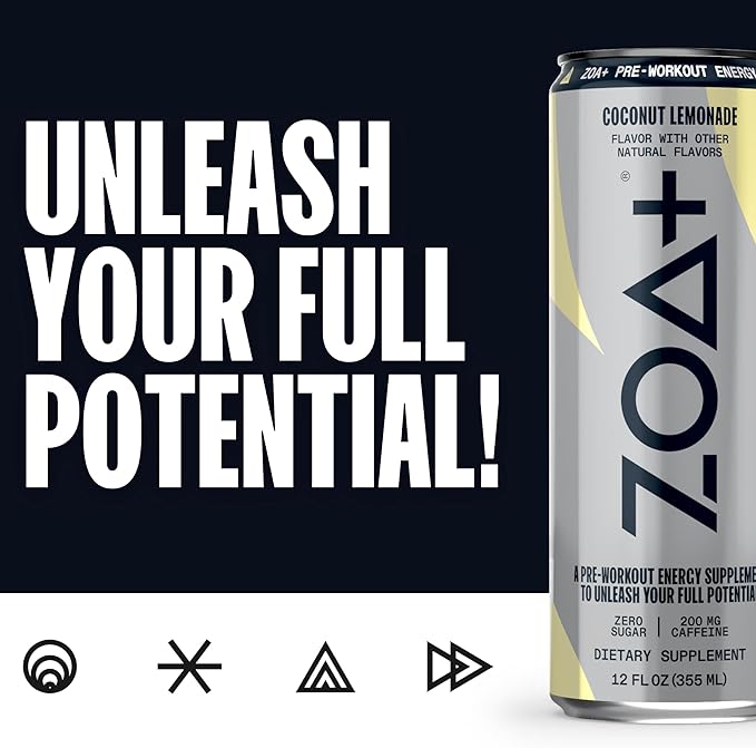 ZOA+ Pre-Workout Energy Drink Supplement - NSF Certified for Sport with Zero Sugar, Nitric Oxide Support, B & D Vitamins, Amino Acids, and Electrolytes (Coconut Lemonade)