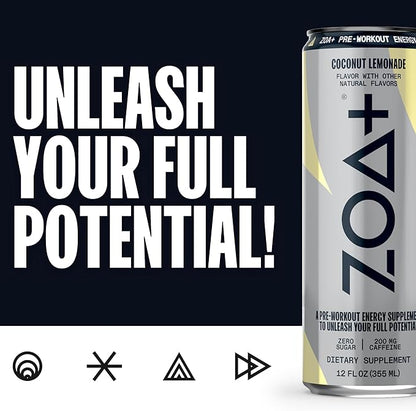 ZOA+ Pre-Workout Energy Drink Supplement - NSF Certified for Sport with Zero Sugar, Nitric Oxide Support, B & D Vitamins, Amino Acids, and Electrolytes (Coconut Lemonade)
