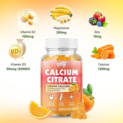 Calcium Citrate Gummies 1200 mg with Vitamin D3, K2, Magnesium, Zinc, Bone Support for Bones, Muscles & Joints,Immunity & Memory Support, 120 Count