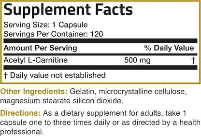 Bronson Acetyl L-Carnitine 500 MG High Potency Amino Acid Non-GMO, 120 Capsules