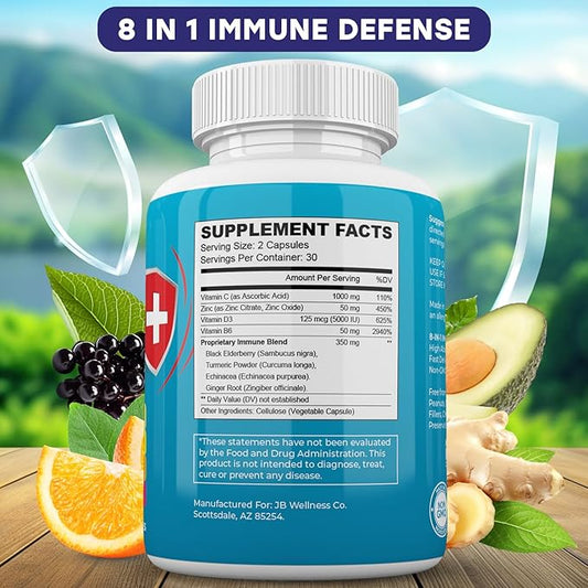 Immune Support 8 in 1 Capsules - Zinc Supplement, Vitamin D3 5000 IU, Vitamin C 1000MG and Elderberry - Immune Booster Supplement with Echinacea, Ginger Root, and Turmeric - [3-Pack, 180 Count]