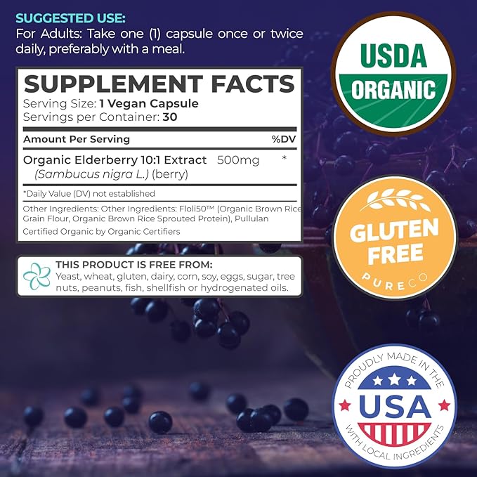 Organic Elderberry Capsules 10:1 Extract 5,000mg of 30 Caps