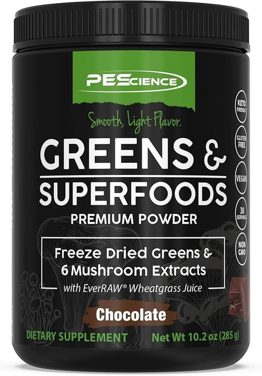PEScience Greens & Superfoods Powder, Chocolate, 30 Servings, Natural Chlorophyll with Turkey Tail Mushroom & Fruit Extracts Blend