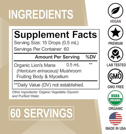 Lions Mane Mushroom Supplement Drops - Organic Lion's Mane Mushroom Liquid Tincture for Focus, Fog, Brain Health Supplements - Vegan Herbal Nervine, Nootropic Organic Lions Mane Supplement Extract 1oz