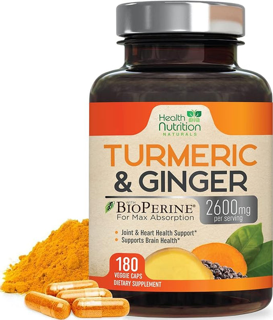 Turmeric Curcumin with BioPerine & Ginger 95% Curcuminoids 2600mg - 180 Capsules
