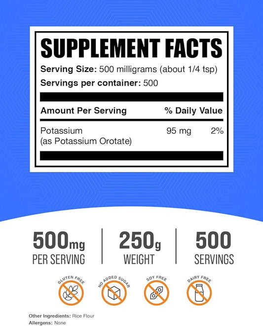 BulkSupplements.com Potassium Orotate Powder - Potassium Supplement, Potassium Orotate 500mg, Potassium Powder - Gluten Free, 500mg (95mg Potassium) per Serving, 250g (8.8 oz) (Pack of 1)