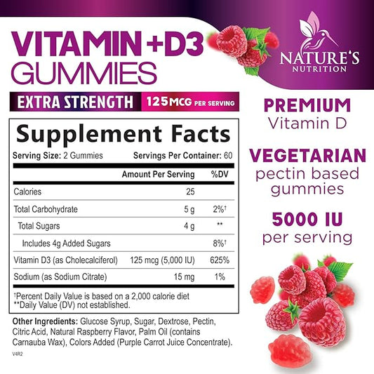 Vitamin D3 Supplement Gummy 5000 IU (125 mcg) Dietary Vitamins D for Men & Women - Bone, Teeth, Muscle and Immune Health Support, High Potency VIT D3 Nature's Non-GMO & Gluten Free - 120 Gummies