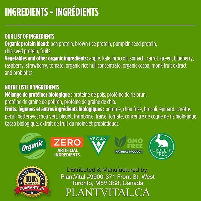 Plantvital Vegan Protein Powder Plant Based 24g/0g Sugar, 18 Superfoods, 48oz
