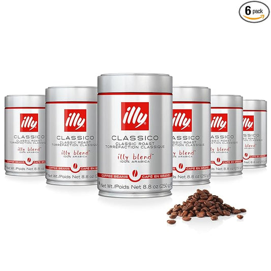 illy Whole Bean Coffee - Perfectly Roasted Whole Coffee Beans – Classico Medium Roast - with Notes of Caramel, Orange Blossom & Jasmine - 100% Arabica Coffee - No Preservatives – 8.8 Ounce, 6 Pack